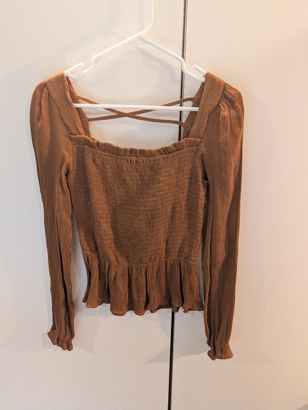 Mine Woman's Women’s Long-Sleeve Smocked Peplum Top - Brown